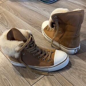Vim ASH Vim Lace-Up High Top Sneaker with Genuine Shearling Trim Camel Suede